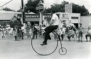 This is a high wheeler biker in the Centennial parade of June 20, 1970.
